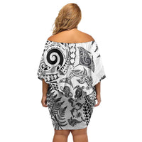 New Zealand Sea Animals Off Shoulder Short Dress with Maori Koru Tribal Tattoo and Silver Ferns White Color
