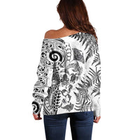 New Zealand Sea Animals Off Shoulder Sweater with Maori Koru Tribal Tattoo and Silver Ferns White Color