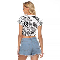 New Zealand Sea Animals Raglan Cropped T Shirt with Maori Koru Tribal Tattoo and Silver Ferns White Color