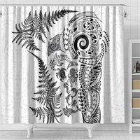 New Zealand Sea Animals Shower Curtain with Maori Koru Tribal Tattoo and Silver Ferns White Color