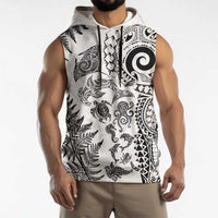 New Zealand Sea Animals Sleeveless Hoodie with Maori Koru Tribal Tattoo and Silver Ferns White Color