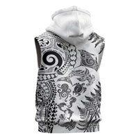 New Zealand Sea Animals Sleeveless Zip Hoodie with Maori Koru Tribal Tattoo and Silver Ferns White Color