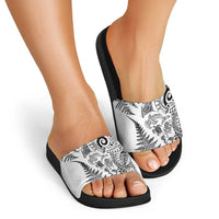 New Zealand Sea Animals Slide Sandals with Maori Koru Tribal Tattoo and Silver Ferns White Color