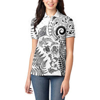 New Zealand Sea Animals Women Polo Shirt with Maori Koru Tribal Tattoo and Silver Ferns White Color