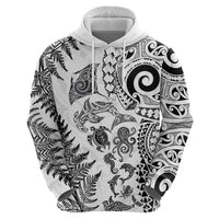 New Zealand Sea Animals Zip Hoodie with Maori Koru Tribal Tattoo and Silver Ferns White Color
