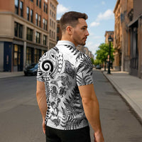 New Zealand Sea Animals Zipper Polo Shirt with Maori Koru Tribal Tattoo and Silver Ferns White Color