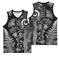 New Zealand Sea Animals Basketball Jersey with Maori Koru Tribal Tattoo and Silver Ferns Black Color