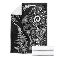 New Zealand Sea Animals Blanket with Maori Koru Tribal Tattoo and Silver Ferns Black Color