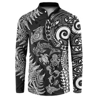 New Zealand Sea Animals Button Sweatshirt with Maori Koru Tribal Tattoo and Silver Ferns Black Color