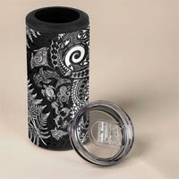 New Zealand Sea Animals 4 in 1 Can Cooler Tumbler with Maori Koru Tribal Tattoo and Silver Ferns Black Color