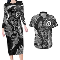 New Zealand Sea Animals Couples Matching Long Sleeve Bodycon Dress and Hawaiian Shirt with Maori Koru Tribal Tattoo and Silver Ferns Black Color