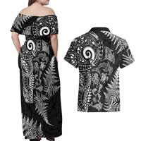 New Zealand Sea Animals Couples Matching Off Shoulder Maxi Dress and Hawaiian Shirt with Maori Koru Tribal Tattoo and Silver Ferns Black Color