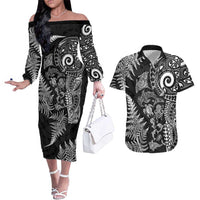 New Zealand Sea Animals Couples Matching Off The Shoulder Long Sleeve Dress and Hawaiian Shirt with Maori Koru Tribal Tattoo and Silver Ferns Black Color