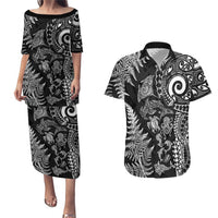 New Zealand Sea Animals Couples Matching Puletasi and Hawaiian Shirt with Maori Koru Tribal Tattoo and Silver Ferns Black Color