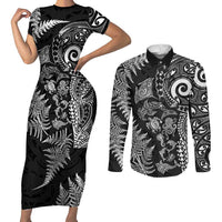 New Zealand Sea Animals Couples Matching Short Sleeve Bodycon Dress and Long Sleeve Button Shirt with Maori Koru Tribal Tattoo and Silver Ferns Black Color