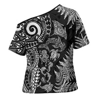 New Zealand Sea Animals Cross Shoulder Shirt with Maori Koru Tribal Tattoo and Silver Ferns Black Color