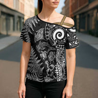 New Zealand Sea Animals Cross Shoulder Shirt with Maori Koru Tribal Tattoo and Silver Ferns Black Color