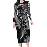 New Zealand Sea Animals Family Matching Long Sleeve Bodycon Dress and Hawaiian Shirt with Maori Koru Tribal Tattoo and Silver Ferns Black Color