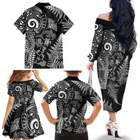 New Zealand Sea Animals Family Matching Off The Shoulder Long Sleeve Dress and Hawaiian Shirt with Maori Koru Tribal Tattoo and Silver Ferns Black Color