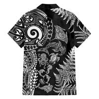 New Zealand Sea Animals Family Matching Off The Shoulder Long Sleeve Dress and Hawaiian Shirt with Maori Koru Tribal Tattoo and Silver Ferns Black Color