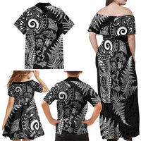 New Zealand Sea Animals Family Matching Off Shoulder Maxi Dress and Hawaiian Shirt with Maori Koru Tribal Tattoo and Silver Ferns Black Color