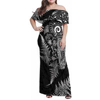 New Zealand Sea Animals Family Matching Off Shoulder Maxi Dress and Hawaiian Shirt with Maori Koru Tribal Tattoo and Silver Ferns Black Color