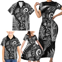 New Zealand Sea Animals Family Matching Short Sleeve Bodycon Dress and Hawaiian Shirt with Maori Koru Tribal Tattoo and Silver Ferns Black Color