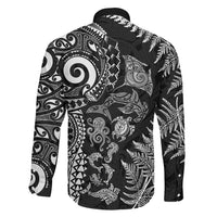 New Zealand Sea Animals Family Matching Short Sleeve Bodycon Dress and Hawaiian Shirt with Maori Koru Tribal Tattoo and Silver Ferns Black Color