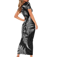 New Zealand Sea Animals Family Matching Short Sleeve Bodycon Dress and Hawaiian Shirt with Maori Koru Tribal Tattoo and Silver Ferns Black Color
