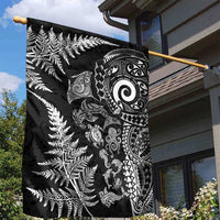 New Zealand Sea Animals Garden Flag with Maori Koru Tribal Tattoo and Silver Ferns Black Color