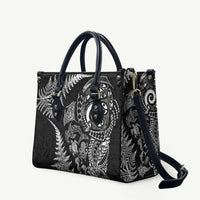 New Zealand Sea Animals Leather Bag with Maori Koru Tribal Tattoo and Silver Ferns Black Color
