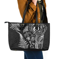 New Zealand Sea Animals Leather Tote Bag with Maori Koru Tribal Tattoo and Silver Ferns Black Color