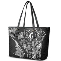 New Zealand Sea Animals Leather Tote Bag with Maori Koru Tribal Tattoo and Silver Ferns Black Color
