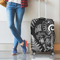 New Zealand Sea Animals Luggage Cover with Maori Koru Tribal Tattoo and Silver Ferns Black Color