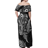 New Zealand Sea Animals Off Shoulder Maxi Dress with Maori Koru Tribal Tattoo and Silver Ferns Black Color