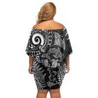 New Zealand Sea Animals Off Shoulder Short Dress with Maori Koru Tribal Tattoo and Silver Ferns Black Color