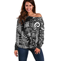 New Zealand Sea Animals Off Shoulder Sweater with Maori Koru Tribal Tattoo and Silver Ferns Black Color