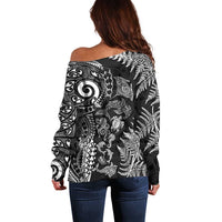 New Zealand Sea Animals Off Shoulder Sweater with Maori Koru Tribal Tattoo and Silver Ferns Black Color