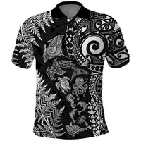 New Zealand Sea Animals Polo Shirt with Maori Koru Tribal Tattoo and Silver Ferns Black Color
