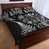 New Zealand Sea Animals Quilt Bed Set with Maori Koru Tribal Tattoo and Silver Ferns Black Color