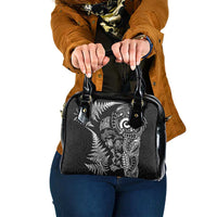 New Zealand Sea Animals Shoulder Handbag with Maori Koru Tribal Tattoo and Silver Ferns Black Color