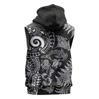New Zealand Sea Animals Sleeveless Zip Hoodie with Maori Koru Tribal Tattoo and Silver Ferns Black Color