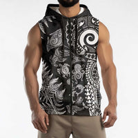New Zealand Sea Animals Sleeveless Zip Hoodie with Maori Koru Tribal Tattoo and Silver Ferns Black Color
