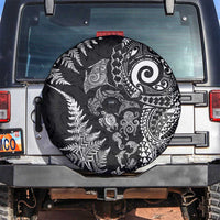 New Zealand Sea Animals Spare Tire Cover with Maori Koru Tribal Tattoo and Silver Ferns Black Color
