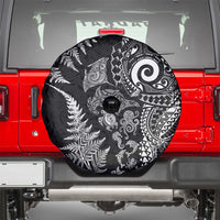 New Zealand Sea Animals Spare Tire Cover with Maori Koru Tribal Tattoo and Silver Ferns Black Color