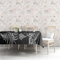 New Zealand Sea Animals Tablecloth with Maori Koru Tribal Tattoo and Silver Ferns Black Color