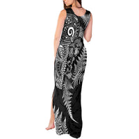 New Zealand Sea Animals Tank Maxi Dress with Maori Koru Tribal Tattoo and Silver Ferns Black Color