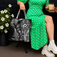 New Zealand Sea Animals Tote Bag with Maori Koru Tribal Tattoo and Silver Ferns Black Color