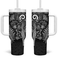 New Zealand Sea Animals Tumbler With Handle with Maori Koru Tribal Tattoo and Silver Ferns Black Color