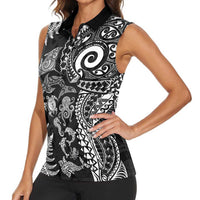 New Zealand Sea Animals Women Sleeveless Polo Shirt with Maori Koru Tribal Tattoo and Silver Ferns Black Color